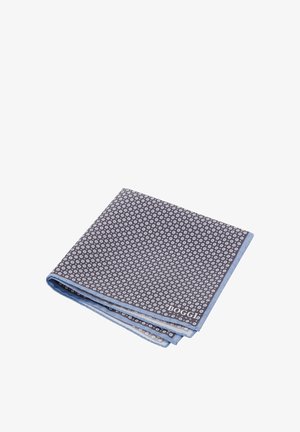 Pochette en coton à motif gris foncé avec des cercles blancs, bordée d'un contour bleu clair. Pliée, montrant des détails de conception complexes.