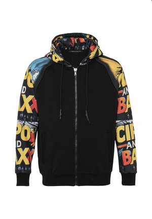 Schwarzer Kapuzenpullover mit Reißverschluss, farbenfrohen, gemusterten Ärmeln mit Grafiken und Text, strukturiertem Stoff und verstellbarer Kapuze mit Kordelzug.