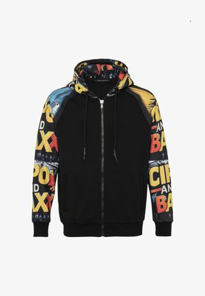 Schwarzer Kapuzenpullover mit Reißverschluss, farbenfrohen, gemusterten Ärmeln mit Grafiken und Text, strukturiertem Stoff und verstellbarer Kapuze mit Kordelzug.