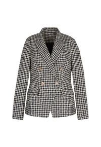 Blazer doppiopetto a scacchi bianco e nero con bottoni dorati e maniche lunghe su uno sfondo neutro.