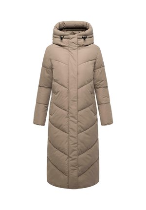 Beige polsterdatud mantel kapuutsiga, millel on chevron õmblused, pikad varrukad ja sirge lõige. Sile tekstuur ja eesne lukuga sulgemine.