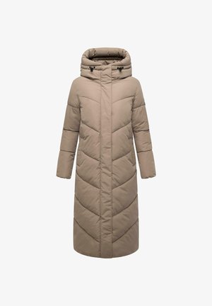 Beige polstret jakke med hætte, der har chevron-syninger, lange ærmer og en lige pasform. Glat tekstur og lynlås i front.