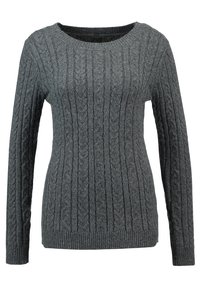 Grå stickad tröja med långa ärmar, med en kabelstickad design, rund halsringning och ribbad nederkant och muddar. Slät textur.