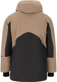 Vattentålig huvjacka med färgblockdesign i beige och svart, med en slät textur och oversized passform.