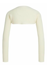 Krämfärgad ribbad stickad kort bolero med långa ärmar och figursydd silhuett, visad bakifrån.