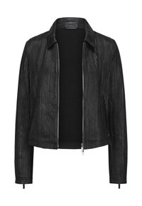 Schwarze Lederjacke mit vertikaler Rillenstruktur, einem Reißverschluss und einem klassischen Kragen. Verfügt über eng anliegende Ärmel und ein kurzes Design.
