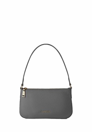 Borsa in pelle grigia strutturata con singolo manico, cerniera dorata e logo Lazarotti al centro davanti.