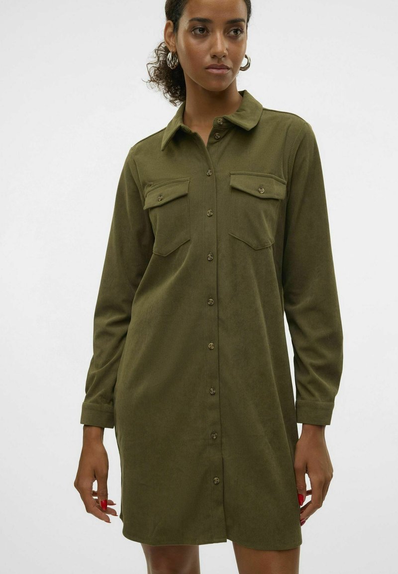 Vestido Camisero Largo Verde Oliva A Rayas Con Detalle De Puños Con