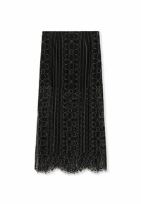 Black skirt featuring a floral lace pattern, vertical stripes, and a scalloped hem. Made from lightweight fabric with a textured finish.