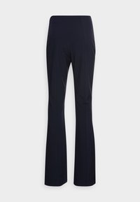 Marinblå utsvängda byxor med en slät textur och skräddarsydd passform, med hög midja och veck framtill.