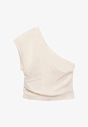 Asymmetrisk beige top lavet af blød stof, med en sammensnøring detalje på den ene side og en høj, skrå halsudskæring.