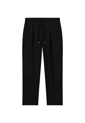 Black, loose-fitting trousers made of soft fabric. Features an elastic waistband with a drawstring, two side pockets, and subtle pleats.