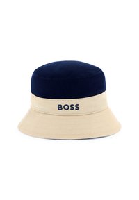 Cappello a secchiello in cotone navy e beige con una finitura texturizzata. Logo "BOSS" in nero sulla fascia beige. Ampia visiera inclinata verso il basso.