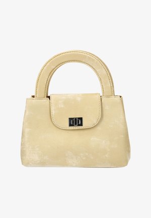 Beżowa torebka z zaokrąglonymi górnymi uchwytami, frontową klapą i prostokątną srebrną zapadkową klamrą.