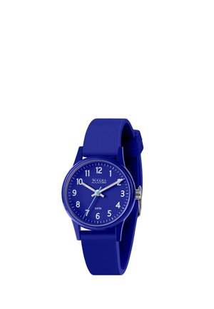 Blue analog wristwatch with white numbers and hands, silicone strap, and silver buckle, showing time at 10:10:35.