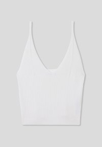 Bralette bianco a coste con scollatura a V profonda, spalline regolabili e una texture morbida. I bordi senza cuciture migliorano il comfort e la vestibilità.
