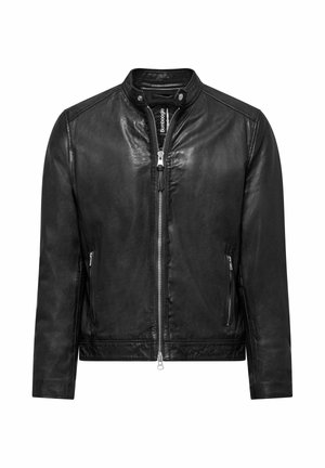 Black leather jacket featuring a high collar, zip front closure, and two side pockets. Smooth texture with minimal stitching detail.