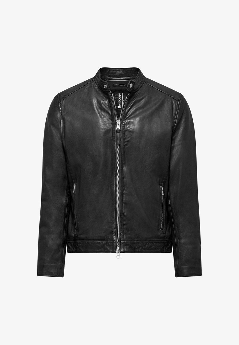 Zwarte leren jas met een hoge kraag, rits aan de voorkant en twee zijzakken. Gladde textuur met minimale stikdetails.