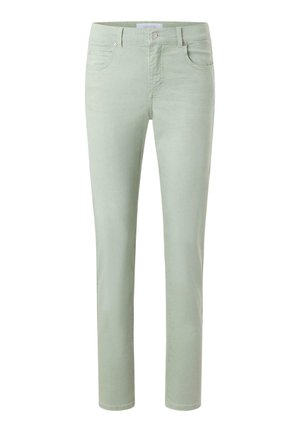 Pantalon ajusté vert clair avec bouton avant, fermeture éclair, passants de ceinture et trois poches, présenté sur fond blanc.
