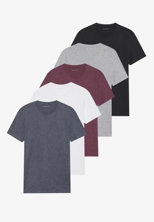 Cinq t-shirts col rond en gris foncé, blanc, bordeaux, gris clair et noir, fabriqués en tissu doux avec une coupe classique et des manches courtes.