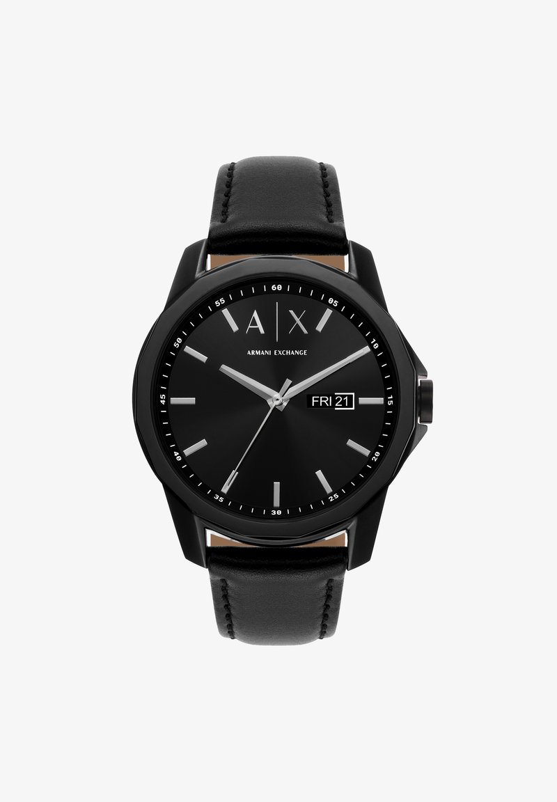 Czarny analogowy zegarek z okrągłą czarną metalową kopertą, czarnym skórzanym paskiem, minimalistycznymi srebrnymi znacznikami godzin oraz okienkiem do wyświetlania daty.