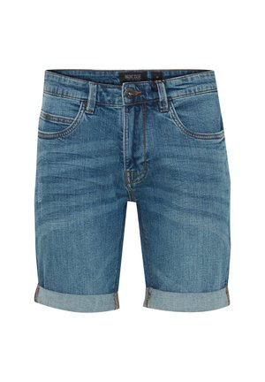 Jeansshorts in hellblau mit einem verwaschenen Finish. Merkmale sind umgeschlagene Säume, fünf Taschen und kontrastierende Nähte. Hergestellt aus strapazierfähigem Baumwollmaterial.
