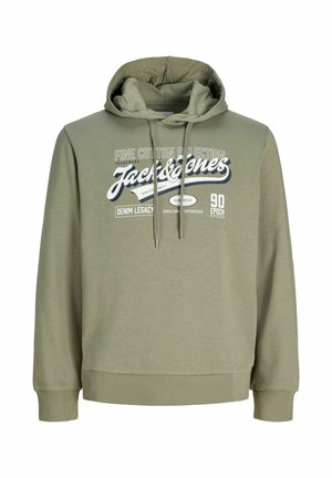 Hellolivgrüner Hoodie mit Fronttext und Logo "Jack & Jones" und verstellbarem Kordelzug an der Kapuze.