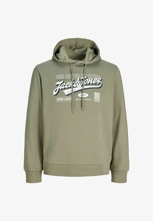 Felpa con cappuccio verde oliva chiaro con scritta e logo "Jack & Jones" sulla parte frontale e cappuccio con coulisse regolabile.
