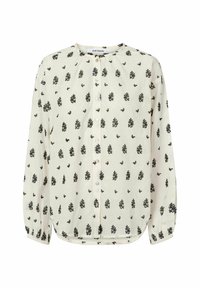 Blusa color crema con ricami floreali neri, maniche lunghe, scollatura plissettata e chiusura anteriore con bottoni. Tessuto morbido e leggero con polsini elasticizzati.