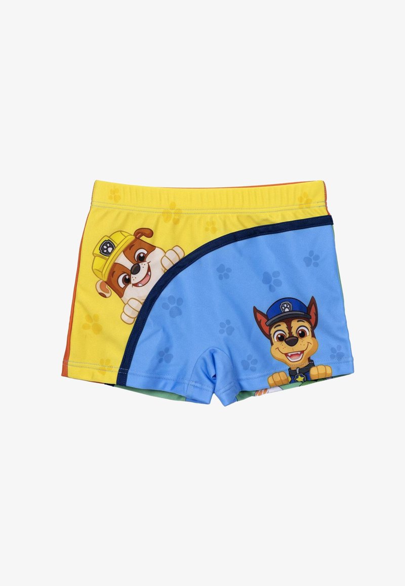 Shorts de bain pour garçons avec un design scindé comprenant des sections jaunes et bleues, des empreintes de pattes et des personnages de chiens animés. Fabriqués en tissu extensible.