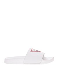 Infradito bianchi con una larga fascia e un logo rosso. Suola texturizzata e materiale superiore liscio. Design semplice e open-toe.