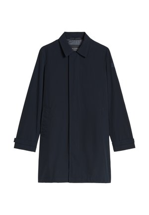 Navy blue single-breasted long coat with flap pockets, classic collar, and adjustable cuff straps, displayed on white background.