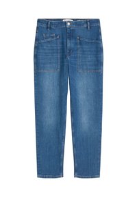 Jeans en denim bleu à taille haute, avec de larges poches avant appliquées, des passants de ceinture et une fermeture à bouton.