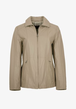Light brown leather jacket with long sleeves, front zipper closure, two zippered side pockets, and a collar.