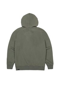 Plain olive green hoodie shown from the back with long sleeves, ribbed cuffs, and a hood, displayed on a white background.