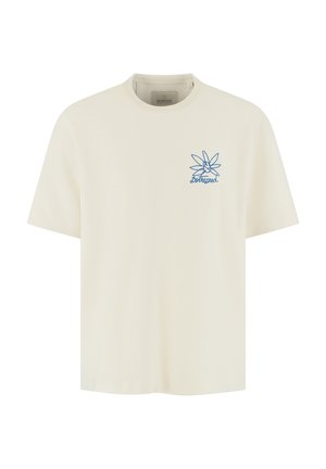 Kremfarget t-skjorte med korte ermer, laget av teksturert bomull, med et blått grafisk design på venstre brystområde.