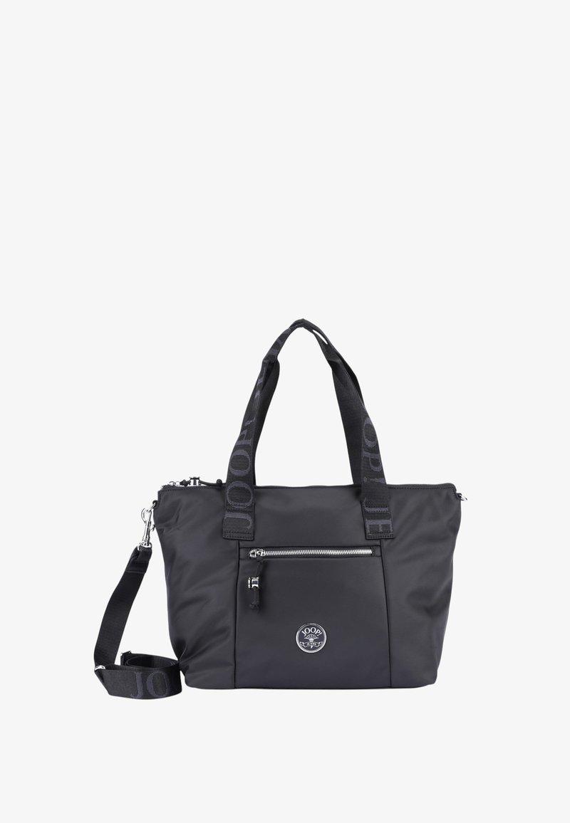 Črna najlonova torba z dvojnimi ročaji in nastavljivim ramenskim trakom. Ima sprednji žep na zadrgo in okroglo logo značko.
