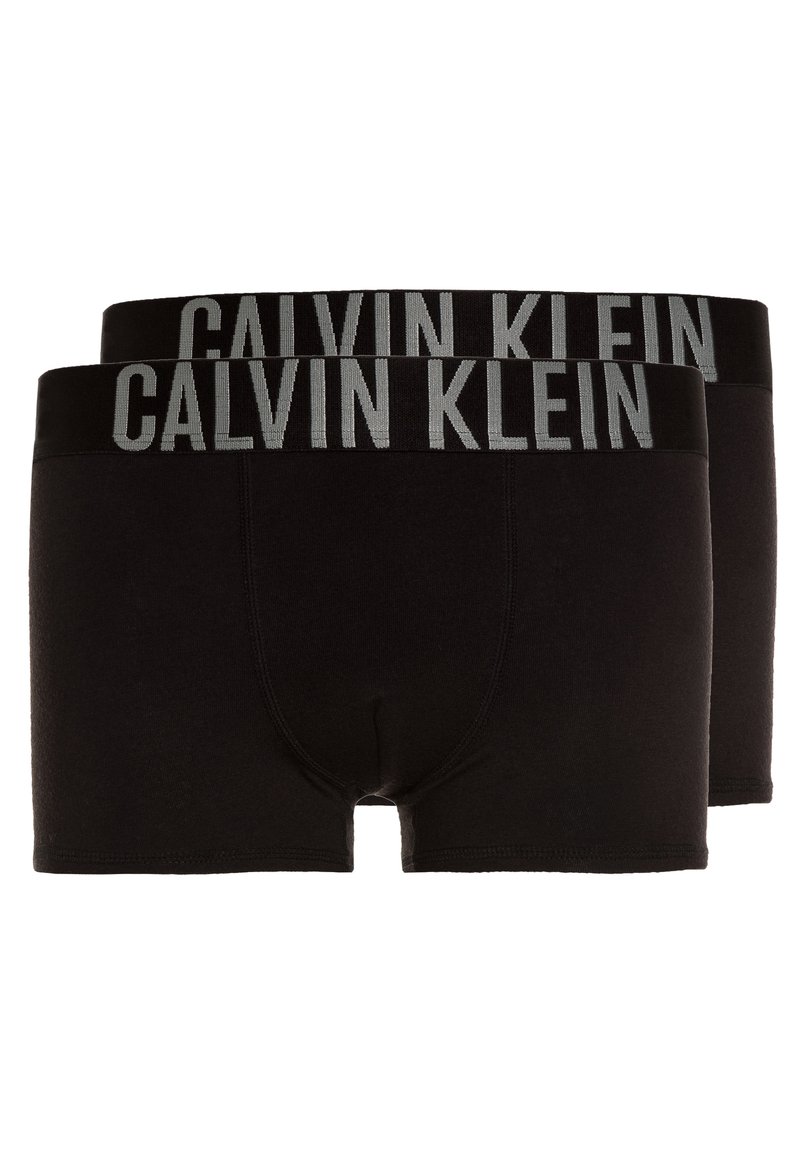Boxer da uomo in cotone nero con cintura grigia con logo Calvin Klein. Presentano una vestibilità aderente e una texture liscia, adatti per l'uso quotidiano.