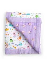 Folded baby blanket with purple border, featuring playful animal prints and musical notes on white side, and smiling baby faces on lavender side.