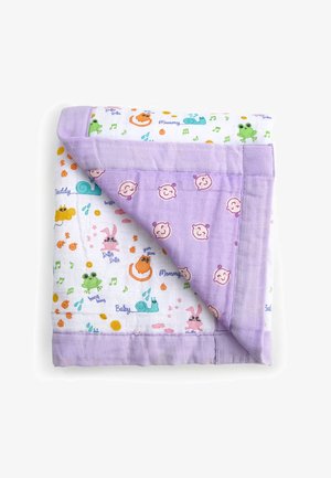 Folded baby blanket with purple border, featuring playful animal prints and musical notes on white side, and smiling baby faces on lavender side.
