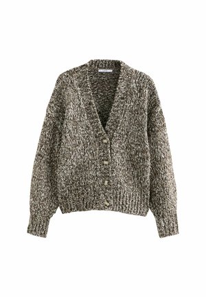 Braun-weiß melierter, grob gestrickter Cardigan mit V-Ausschnitt, langen Ärmeln, gerippten Bündchen und vier Knöpfen auf der Vorderseite.