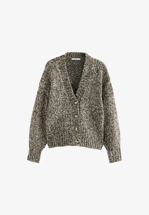Brun och vitmelerad chunky stickad cardigan med V-ringning, långa ärmar, ribbade manschetter och fyra knappar framtill.