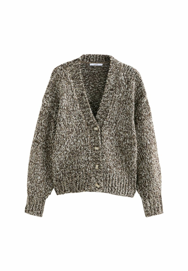 Brown and white marled chunky knit cardigan with V-neck, long sleeves, ribbed cuffs, and four buttons down the front.