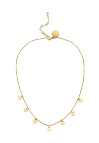 Goldene Halskette mit einer filigranen Kette, die fünf runde, flache Anhänger hat, die gleichmäßig entlang der Vorderseite angeordnet sind. Mit einem Karabinerverschluss.