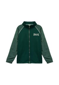 Grüne Zip-Jacke mit hohem Kragen, strukturierten Ärmeln und "ATHLETIC"-Logo. Verfügt über kontrastierende Farbtöne und Seitentaschen.