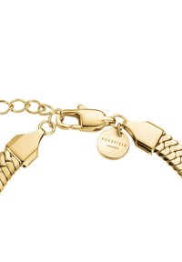 Gouden metalen armband met een geweven kettingontwerp, sluiting en een klein rond label met de gravure "ROSEFIELD".