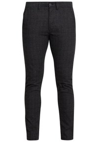 Donkergrijze op maat gemaakte broek met een subtiel ruitpatroon, gemaakt van een gladde stof. Voorzien van een knoopsluiting aan de voorkant en een slim fit ontwerp.