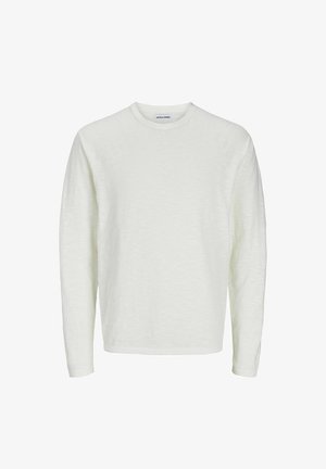 Langärmliges Hemd aus cremefarbener, strukturierter Stoff. Rundhals-Design mit nahtlosen Schultern und geradem Saum. Keine sichtbaren Muster oder Akzente.