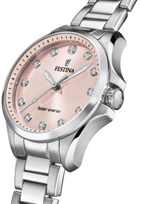 Silver stainless steel watch with a pink dial, featuring diamond-like hour markers, and a solar energy inscription. Smooth metallic bracelet.