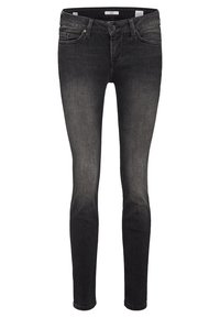 Jean skinny noir délavé avec poches avant, passants pour ceinture et fermeture par bouton, présenté sur fond blanc.